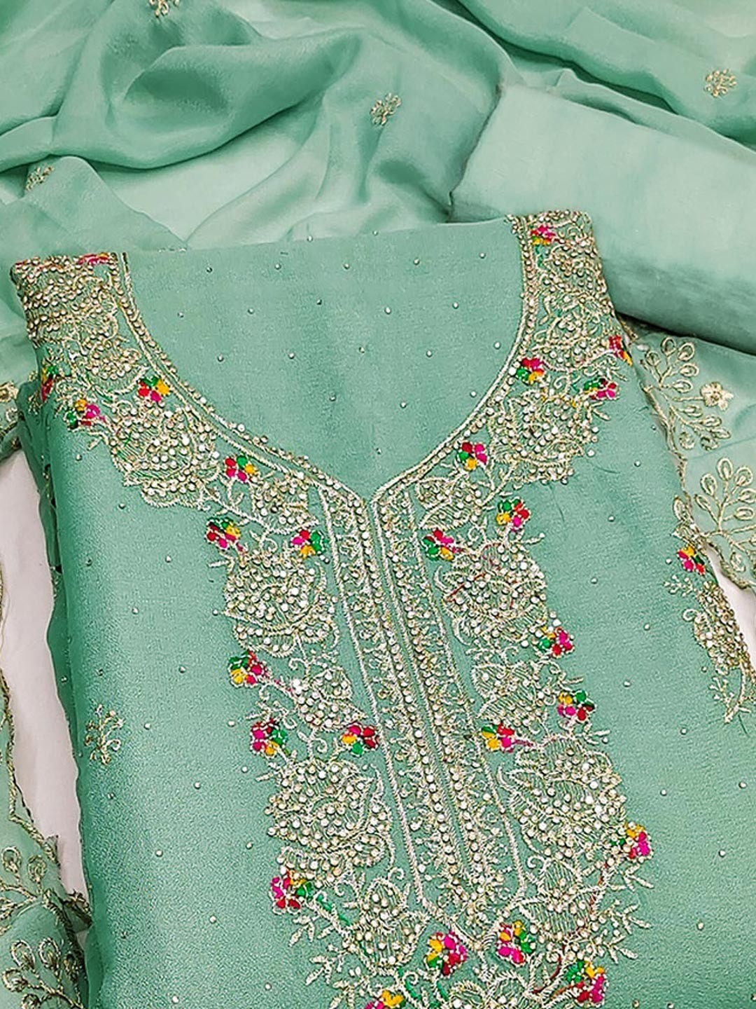 Green Floral Embroidery Georgette Dress Material With Shimmering Zarkan & Diamond Accents - Image 5