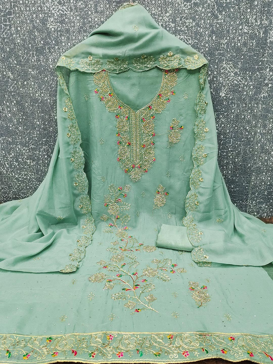 Green Floral Embroidery Georgette Dress Material With Shimmering Zarkan & Diamond Accents - Image 3
