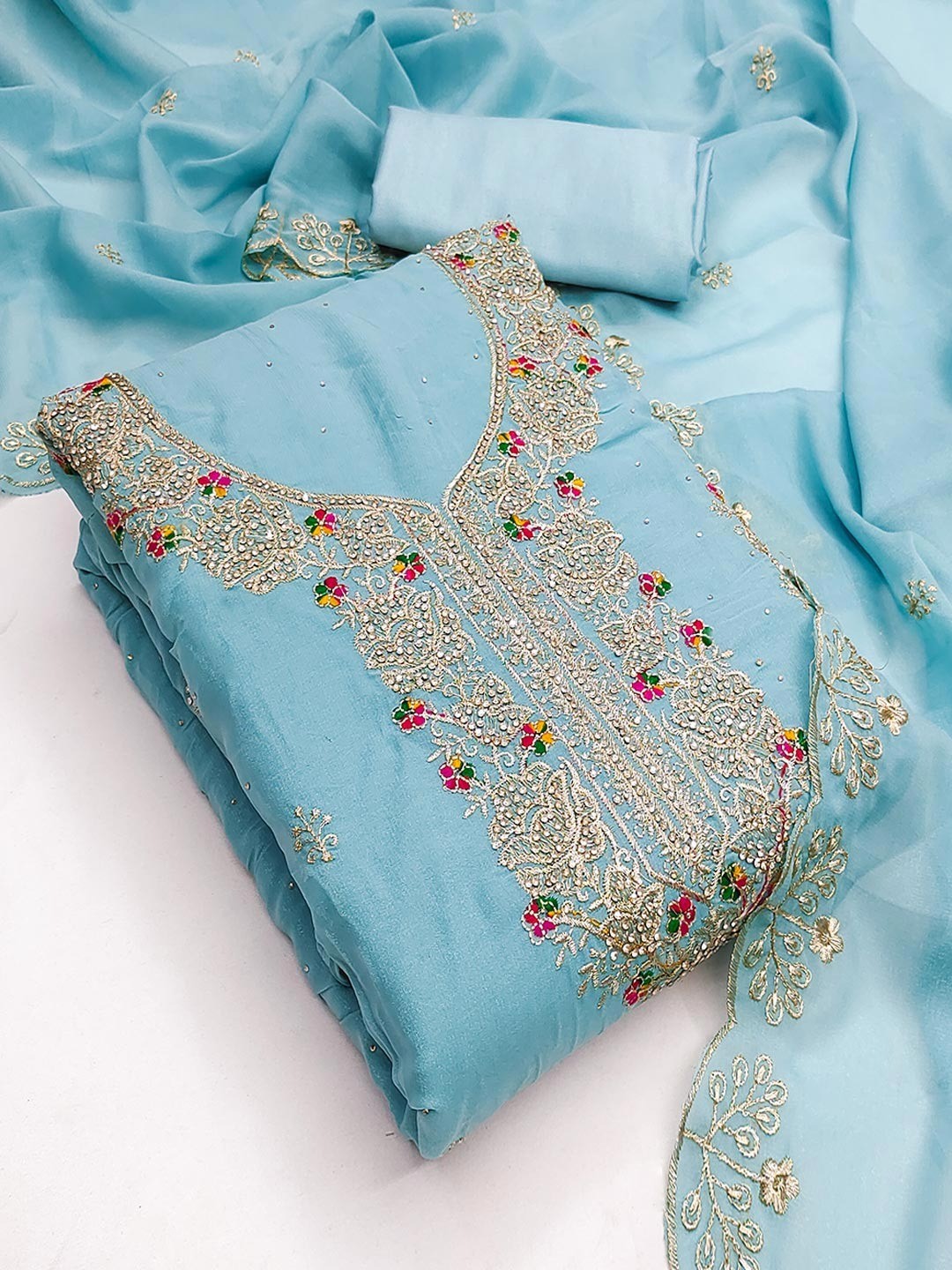 Blue Floral Embroidery Georgette Dress Material With Shimmering Zarkan & Diamond Accents - Image 4