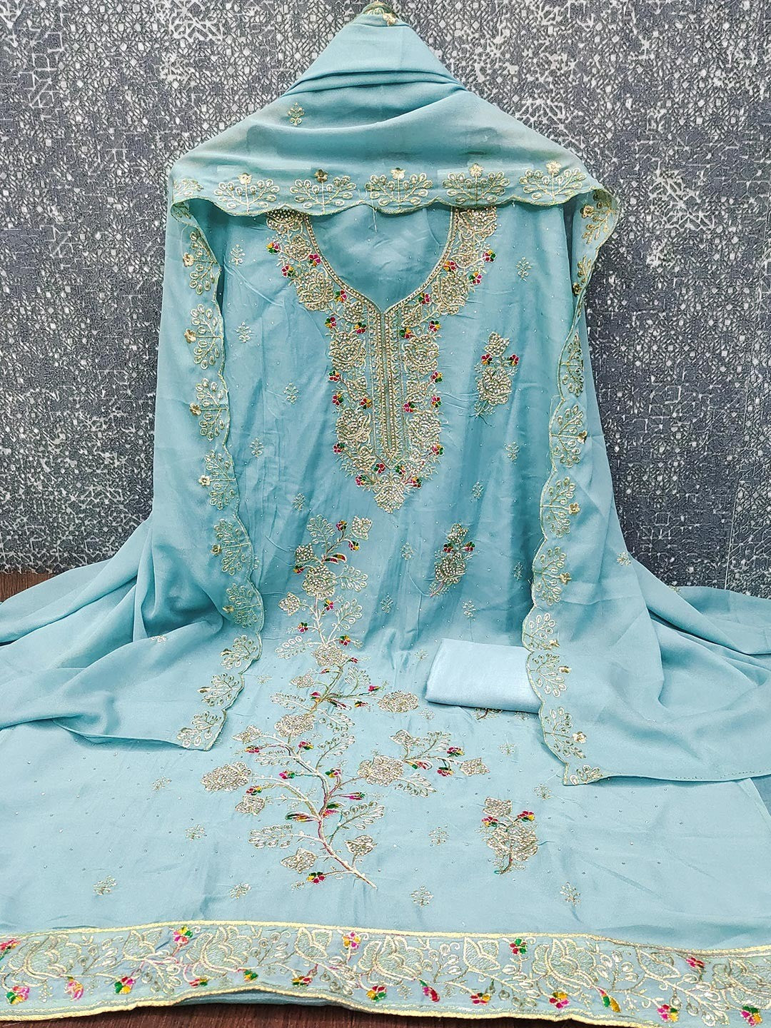 Blue Floral Embroidery Georgette Dress Material With Shimmering Zarkan & Diamond Accents - Image 3