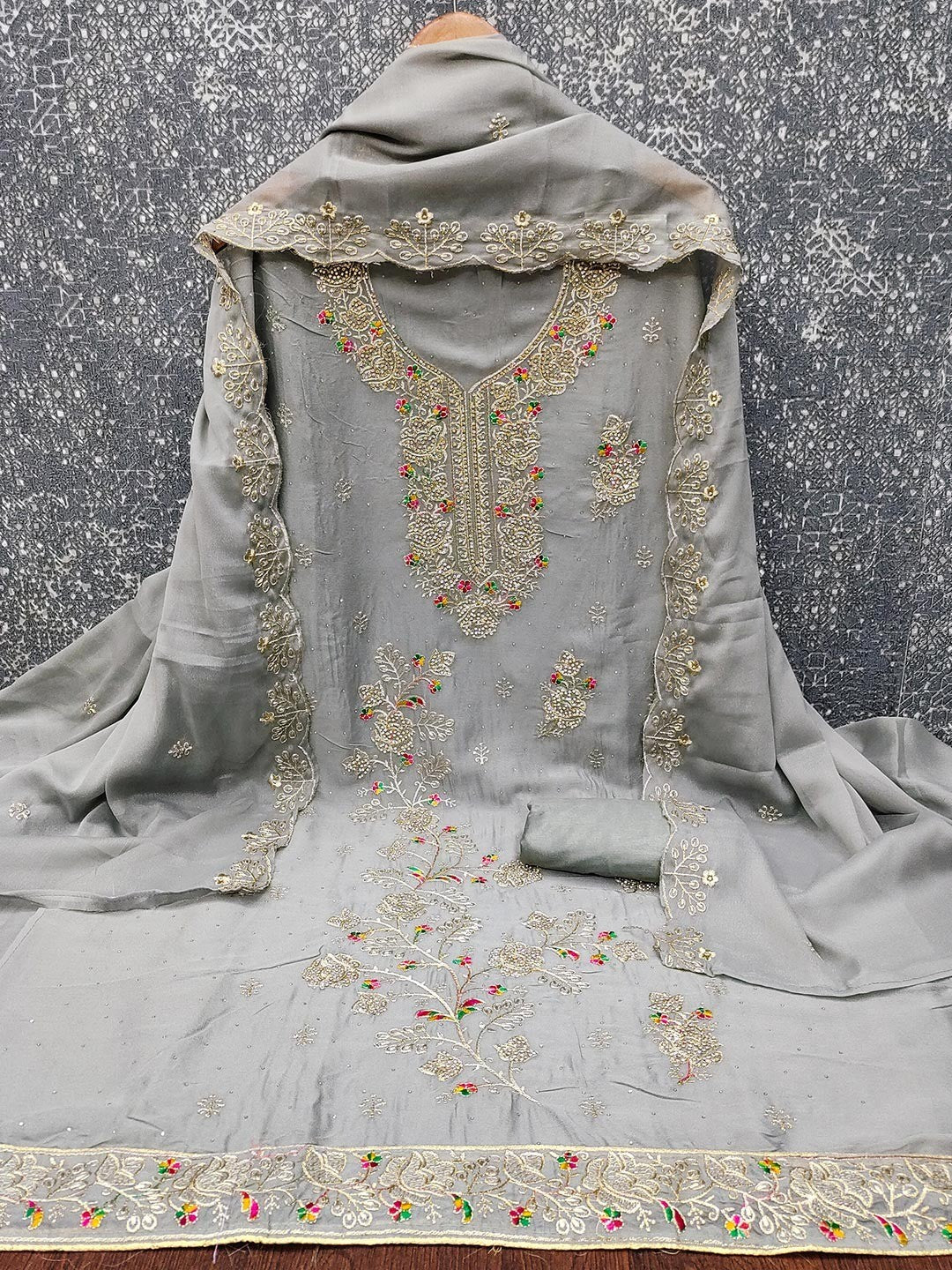 Grey Floral Embroidery Georgette Dress Material With Shimmering Zarkan & Diamond Accents - Image 3