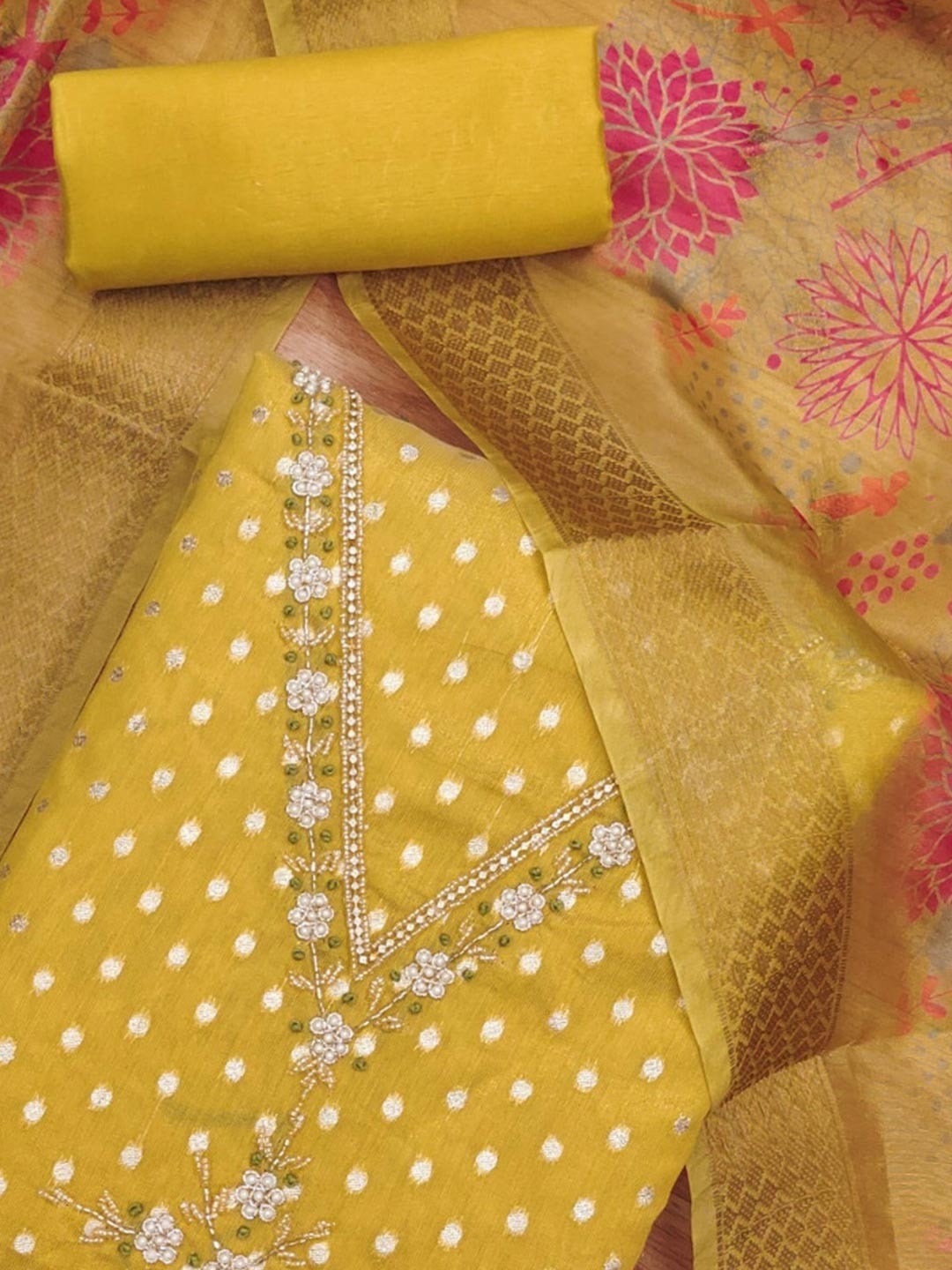 Luxury Mustard Woven Shimmer Dress Material Featuring Exquisite Moti Beads & Stone Embellishment - Image 5
