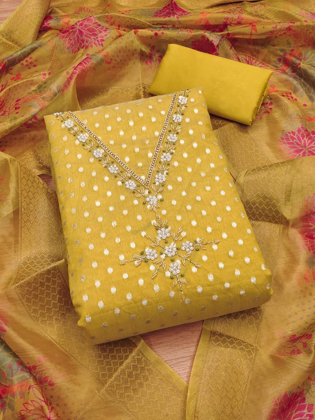 Luxury Mustard Woven Shimmer Dress Material Featuring Exquisite Moti Beads & Stone Embellishment - Image 4