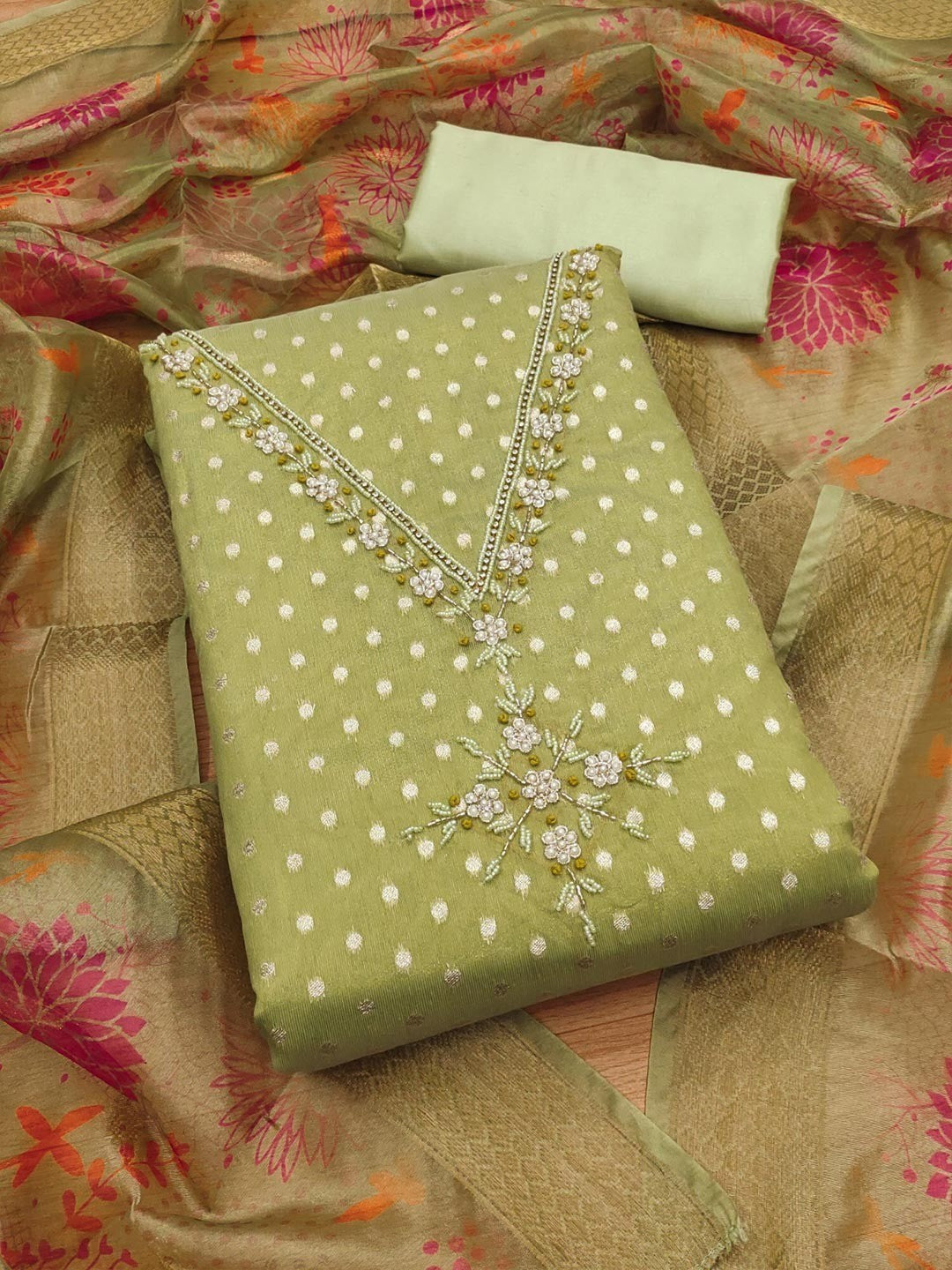 Luxury Green Woven Shimmer Dress Material Featuring Exquisite Moti Beads & Stone Embellishment - Image 4