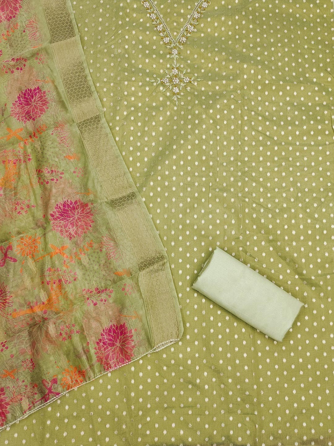Luxury Green Woven Shimmer Dress Material Featuring Exquisite Moti Beads & Stone Embellishment - Image 3