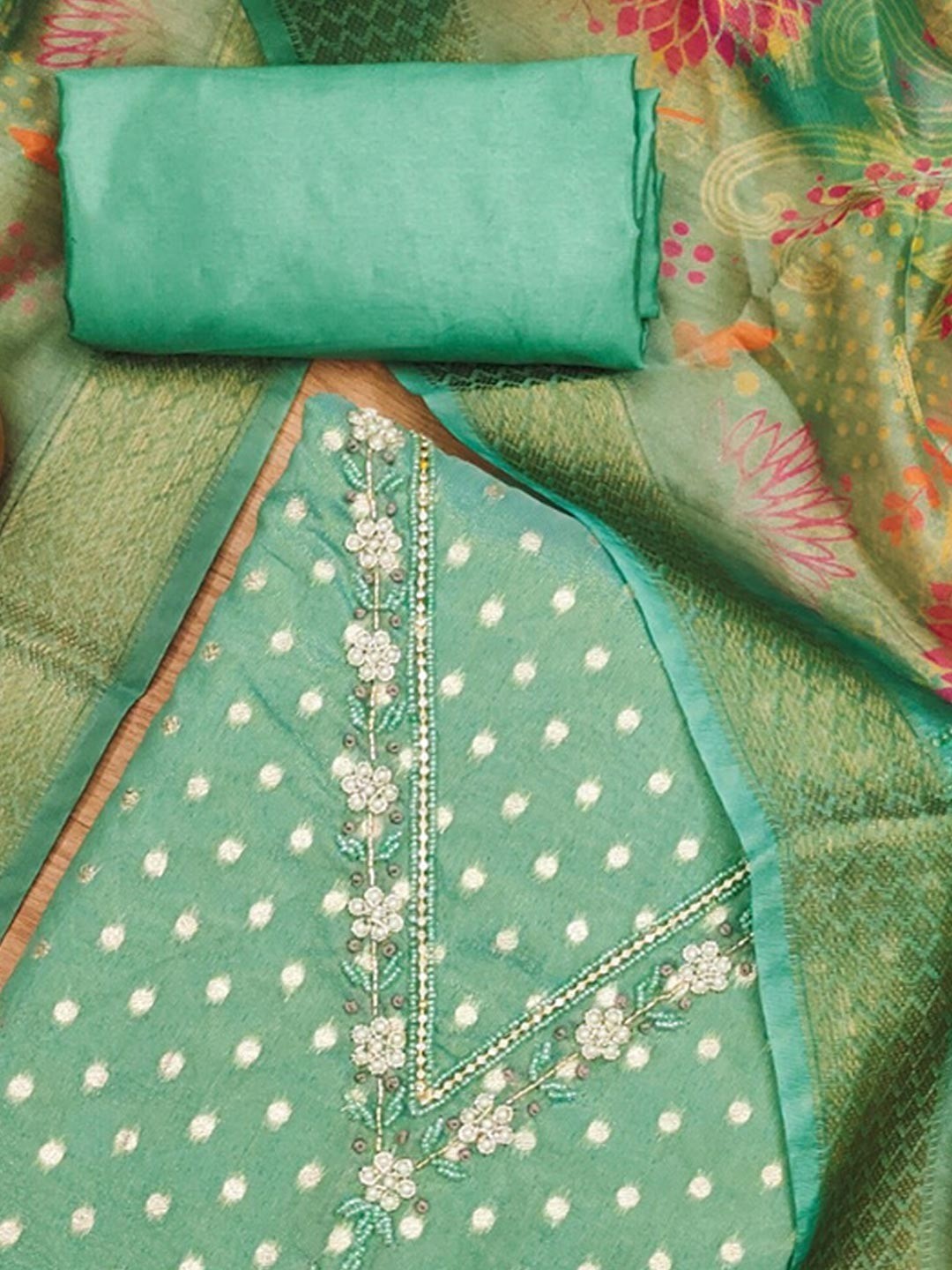 Luxury Turquoise Woven Shimmer Dress Material Featuring Exquisite Moti Beads & Stone Embellishment - Image 4