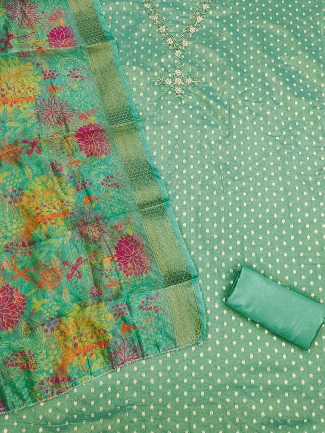 Luxury Turquoise Woven Shimmer Dress Material Featuring Exquisite Moti Beads & Stone Embellishment - Image 3