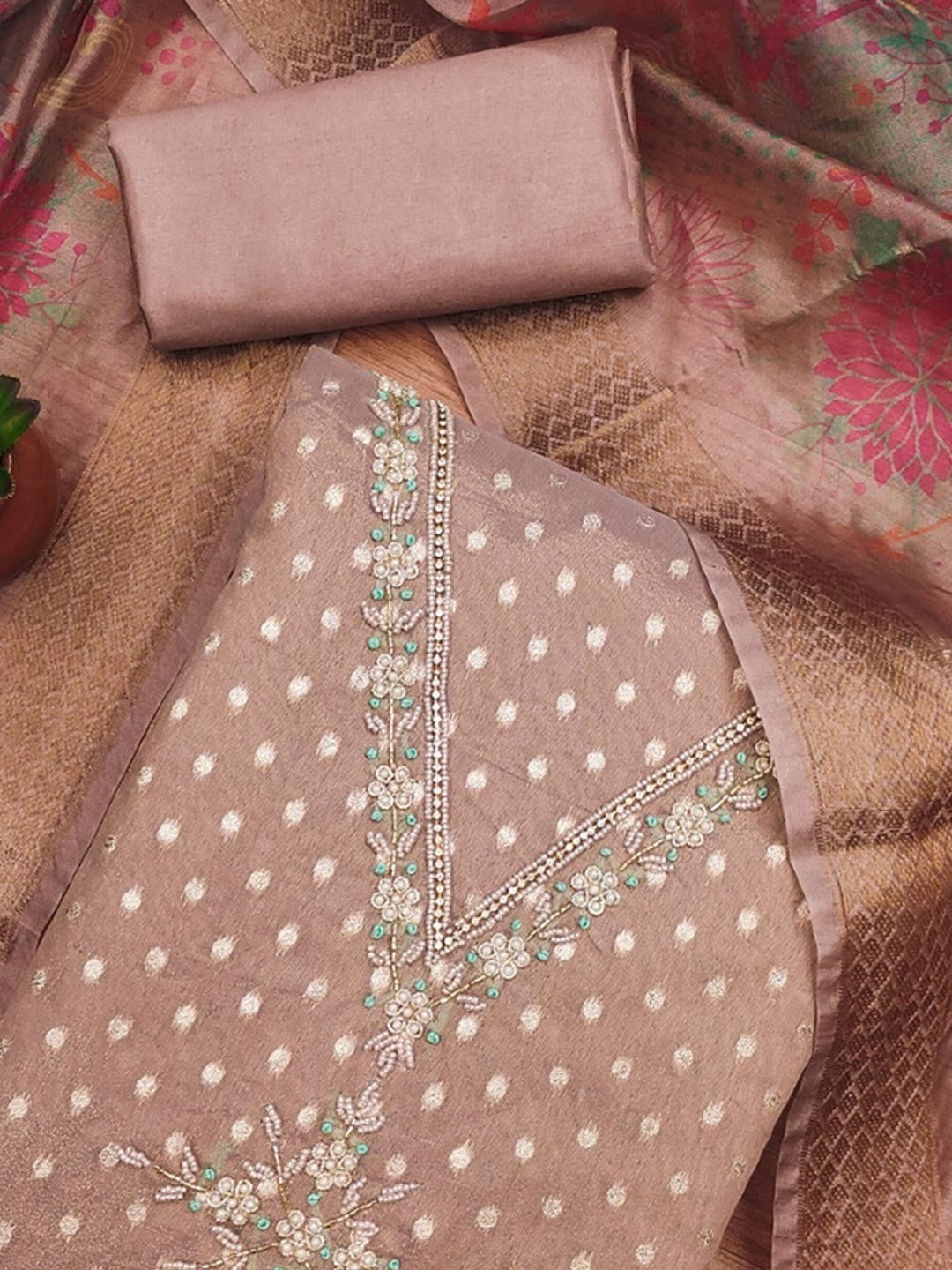 Luxury Mauve Woven Shimmer Dress Material Featuring Exquisite Moti Beads & Stone Embellishment - Image 4