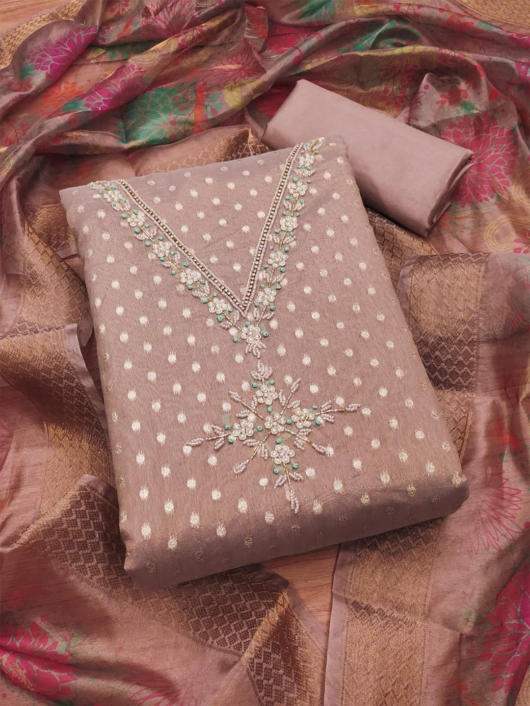 Luxury Mauve Woven Shimmer Dress Material Featuring Exquisite Moti Beads & Stone Embellishment - Image 5