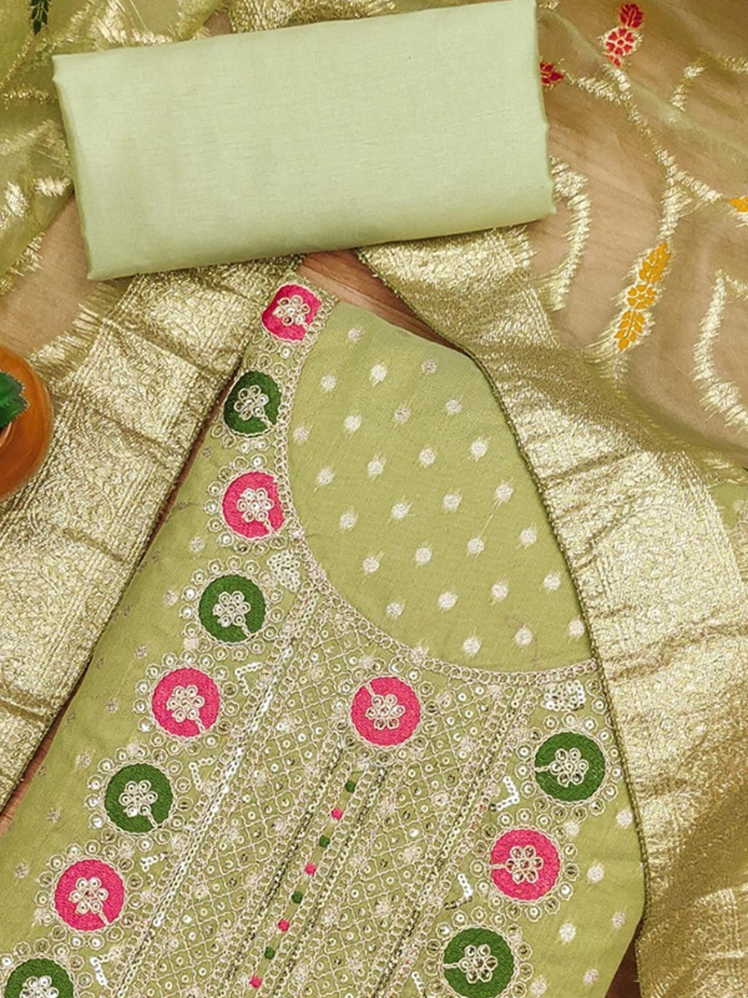 Graceful Green Floral Weaving Shimmer Dress Material Adorned With Cording Sequins Embroidery - Image 5