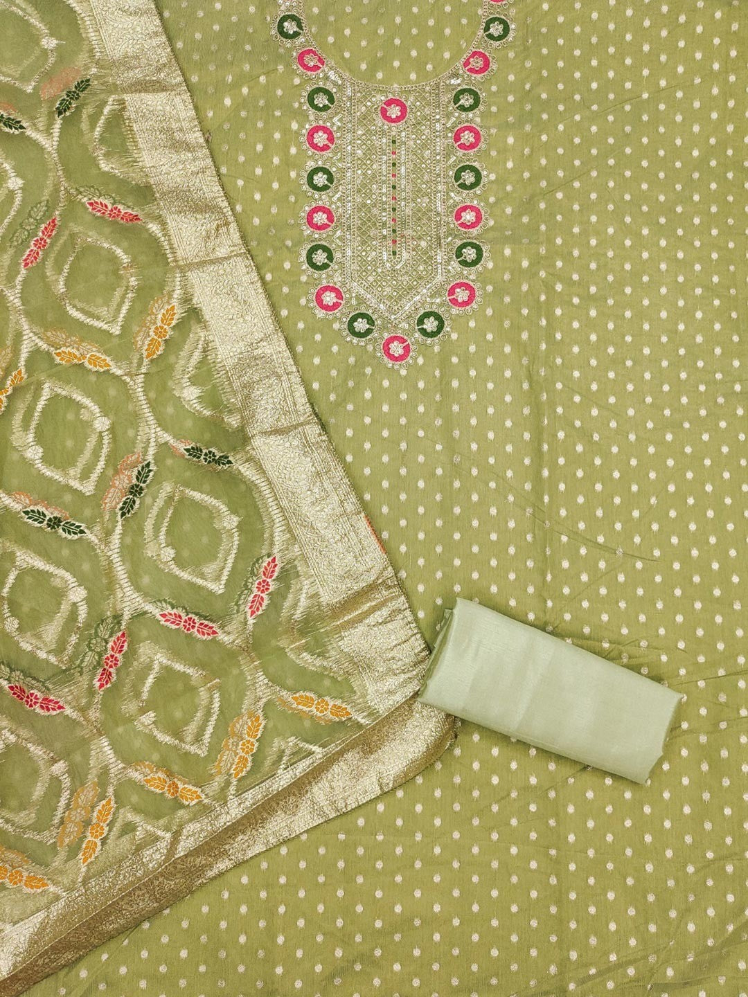 Graceful Green Floral Weaving Shimmer Dress Material Adorned With Cording Sequins Embroidery - Image 3