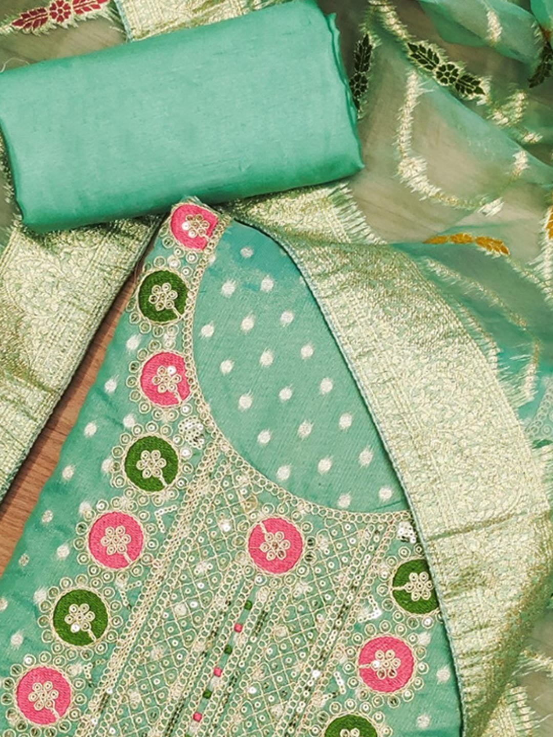 Graceful Turquoise Floral Weaving Shimmer Dress Material Adorned With Cording Sequins Embroidery - Image 5