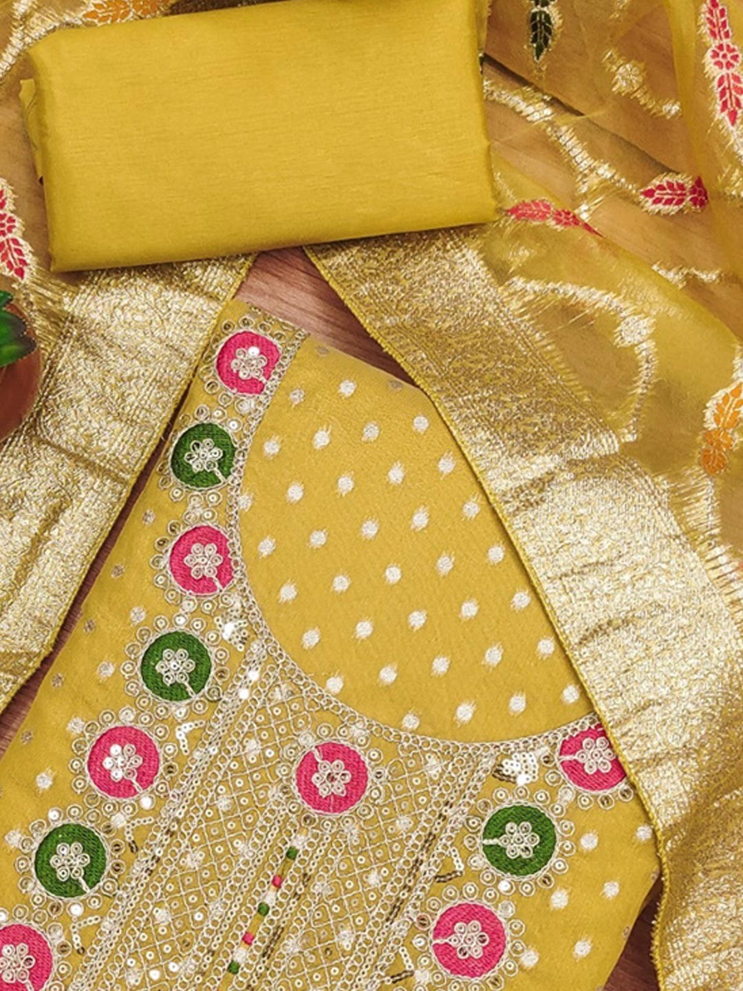 Graceful Mustard Floral Weaving Shimmer Dress Material Adorned With Cording Sequins Embroidery - Image 5