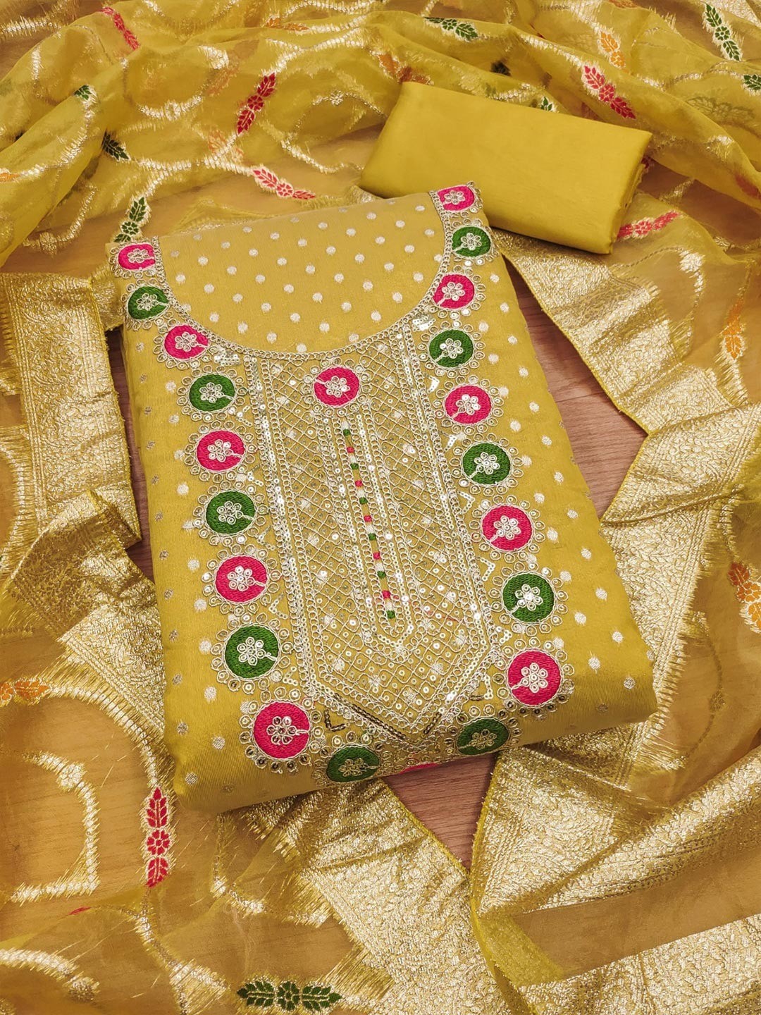 Graceful Mustard Floral Weaving Shimmer Dress Material Adorned With Cording Sequins Embroidery - Image 4