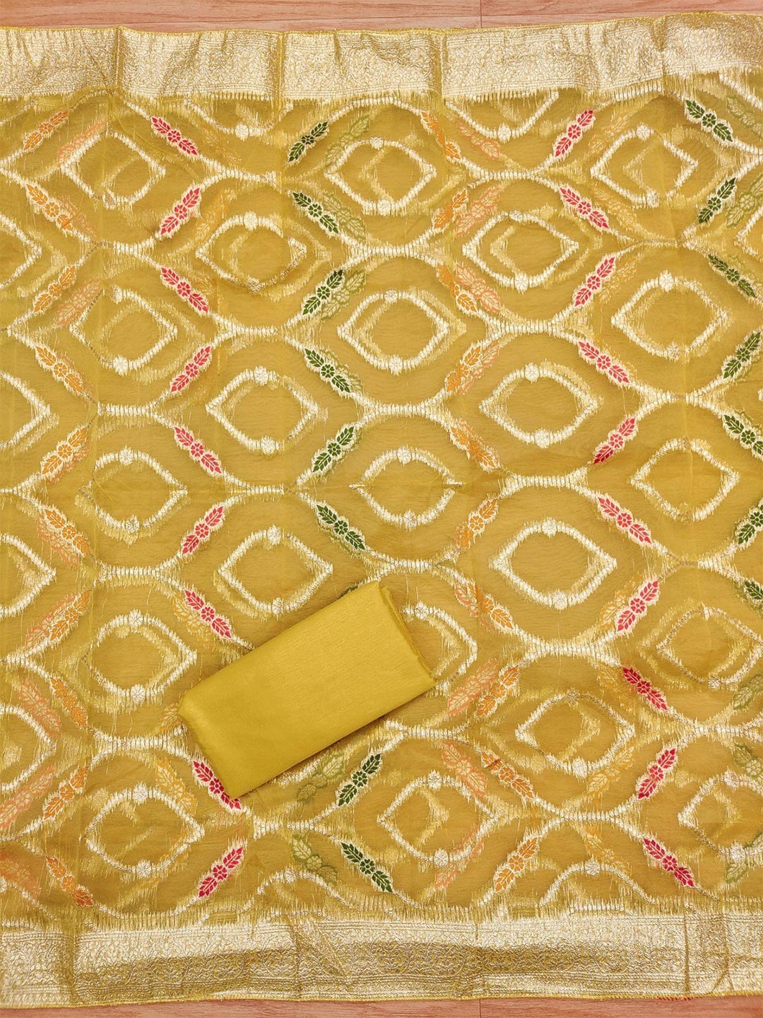 Graceful Mustard Floral Weaving Shimmer Dress Material Adorned With Cording Sequins Embroidery - Image 2