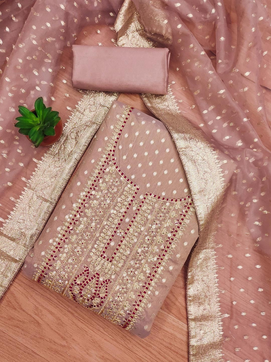 Sophisticated Mauve Floral Cording Sequins Embroidery With Weaving Shimmer Dress Material - Image 1
