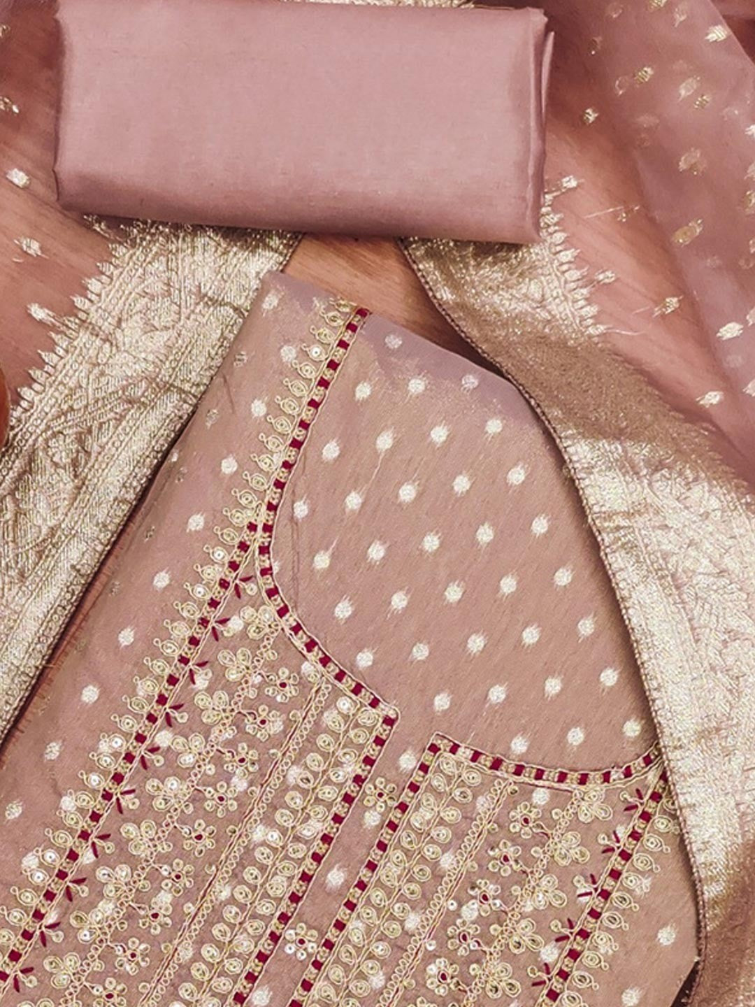 Sophisticated Mauve Floral Cording Sequins Embroidery With Weaving Shimmer Dress Material - Image 5