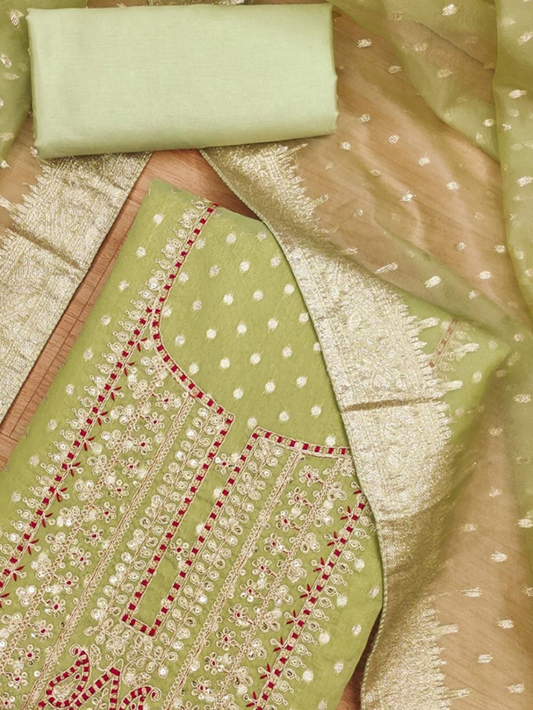 Sophisticated Green Floral Cording Sequins Embroidery With Weaving Shimmer Dress Material - Image 5