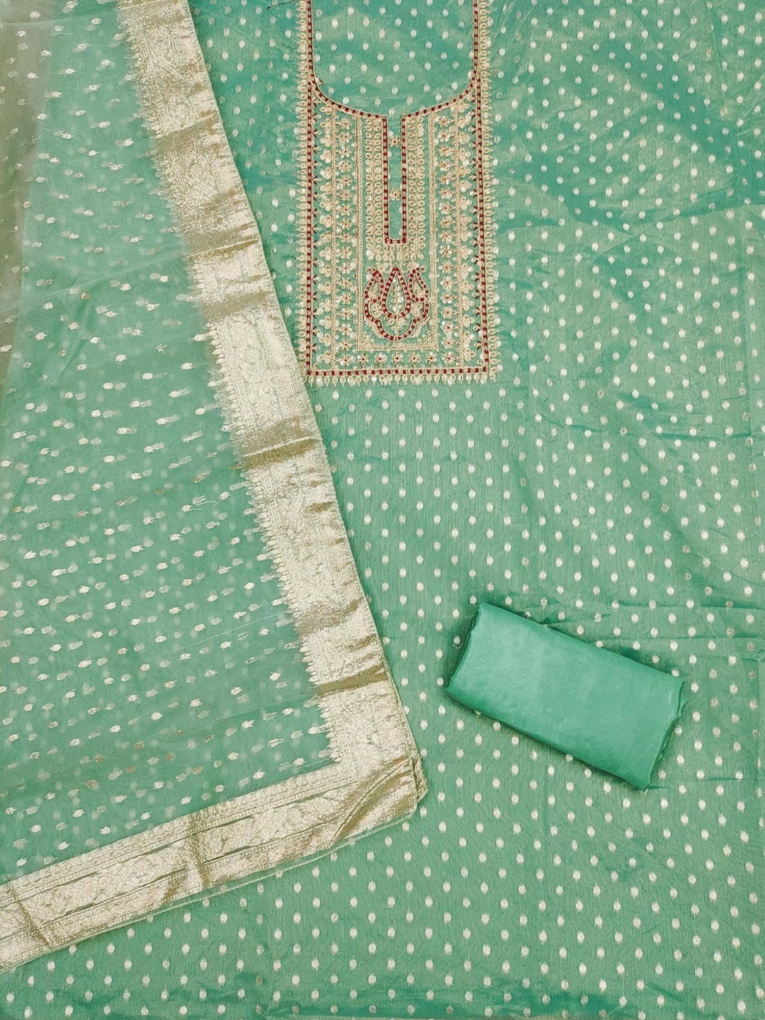 Sophisticated Turquoise Floral Cording Sequins Embroidery With Weaving Shimmer Dress Material - Image 3