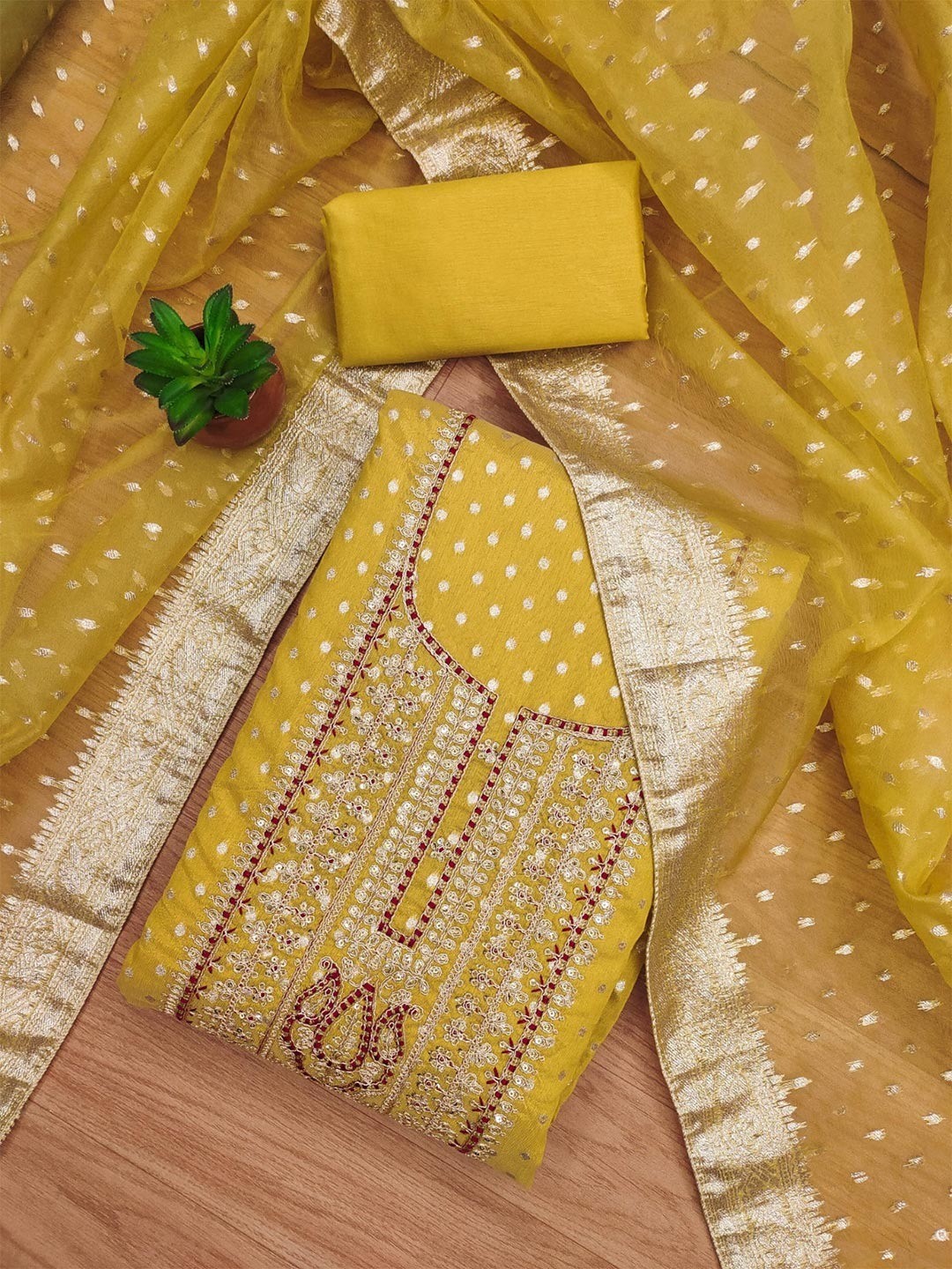 Sophisticated Mustard Floral Cording Sequins Embroidery With Weaving Shimmer Dress Material - Image 1
