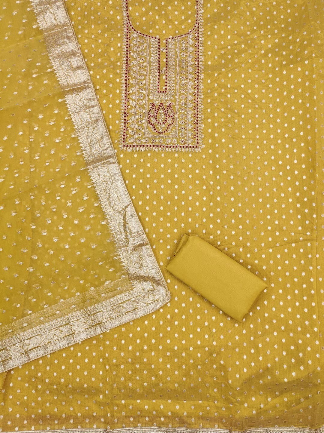 Sophisticated Mustard Floral Cording Sequins Embroidery With Weaving Shimmer Dress Material - Image 3