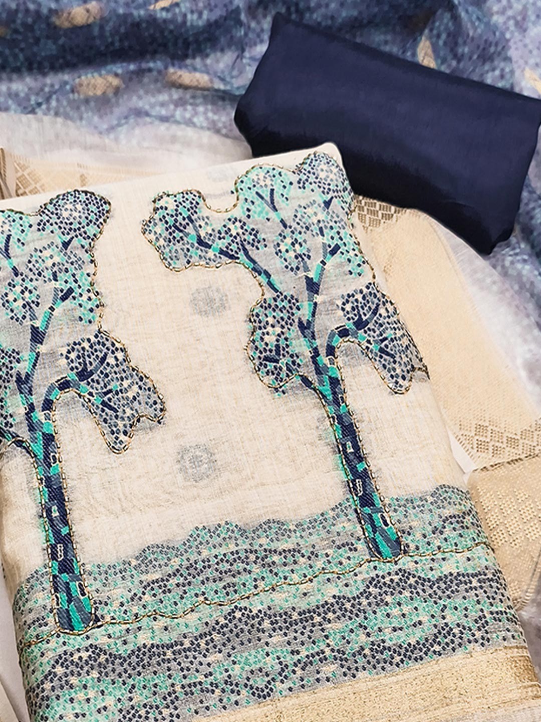 Designer Chikoo & Navy Blue Floral Woven Jacquard Dress Material With Elegant Daman Handwork - Image 5