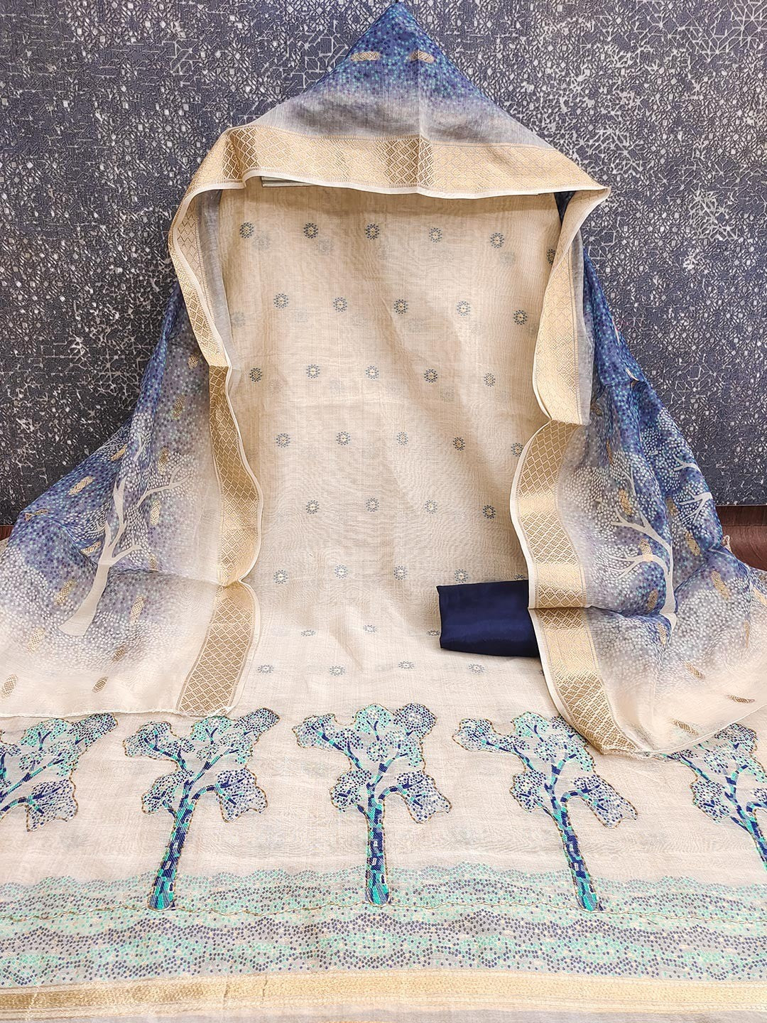 Designer Chikoo & Navy Blue Floral Woven Jacquard Dress Material With Elegant Daman Handwork - Image 3