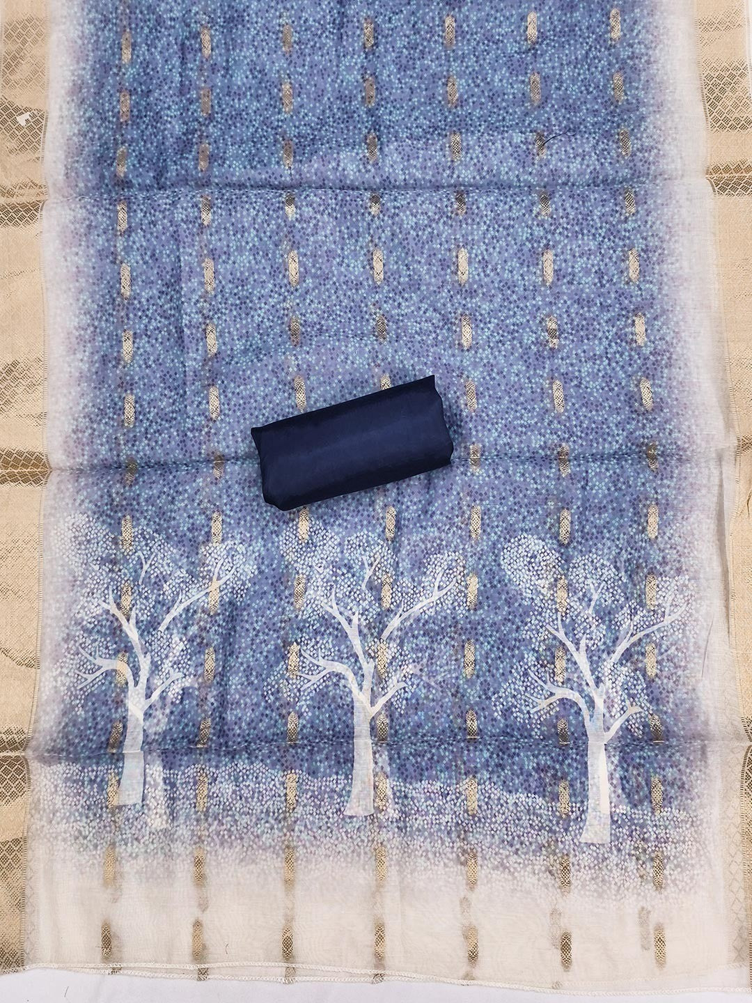 Designer Chikoo & Navy Blue Floral Woven Jacquard Dress Material With Elegant Daman Handwork - Image 2