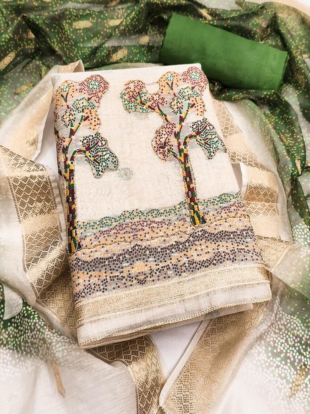 Designer Chikoo & Green Floral Woven Jacquard Dress Material With Elegant Daman Handwork - Image 1