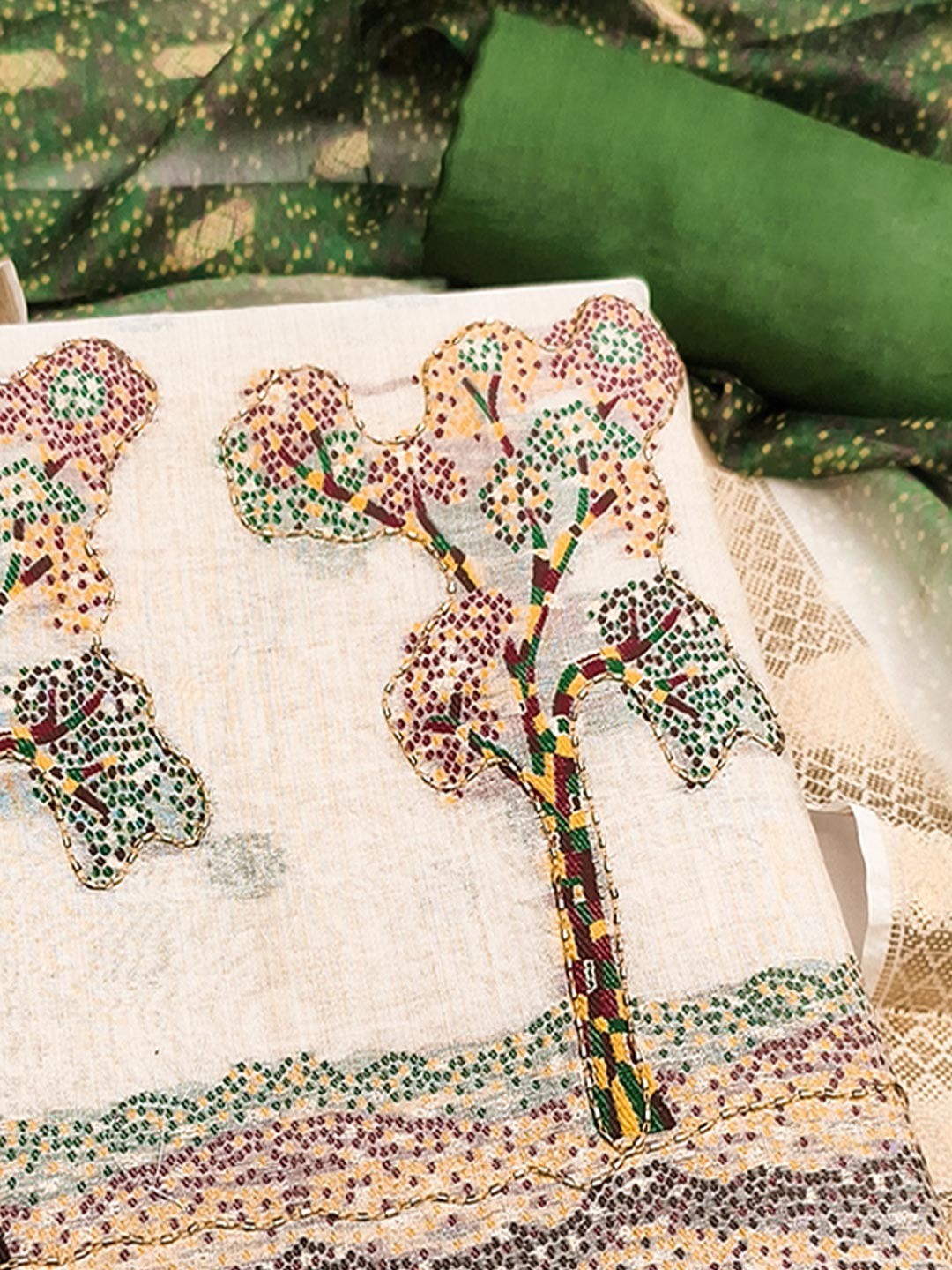 Designer Chikoo & Green Floral Woven Jacquard Dress Material With Elegant Daman Handwork - Image 5