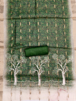 Designer Chikoo & Green Floral Woven Jacquard Dress Material With Elegant Daman Handwork - Image 2