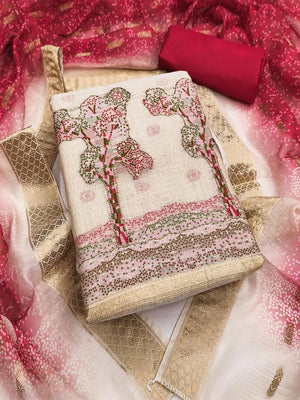 Designer Chikoo & Red Floral Woven Jacquard Dress Material With Elegant Daman Handwork - Image 1