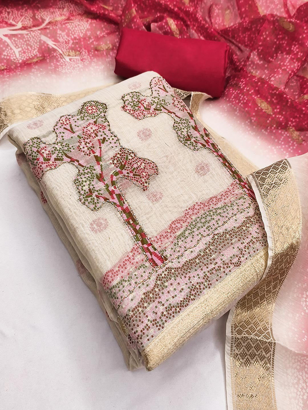 Designer Chikoo & Red Floral Woven Jacquard Dress Material With Elegant Daman Handwork - Image 4