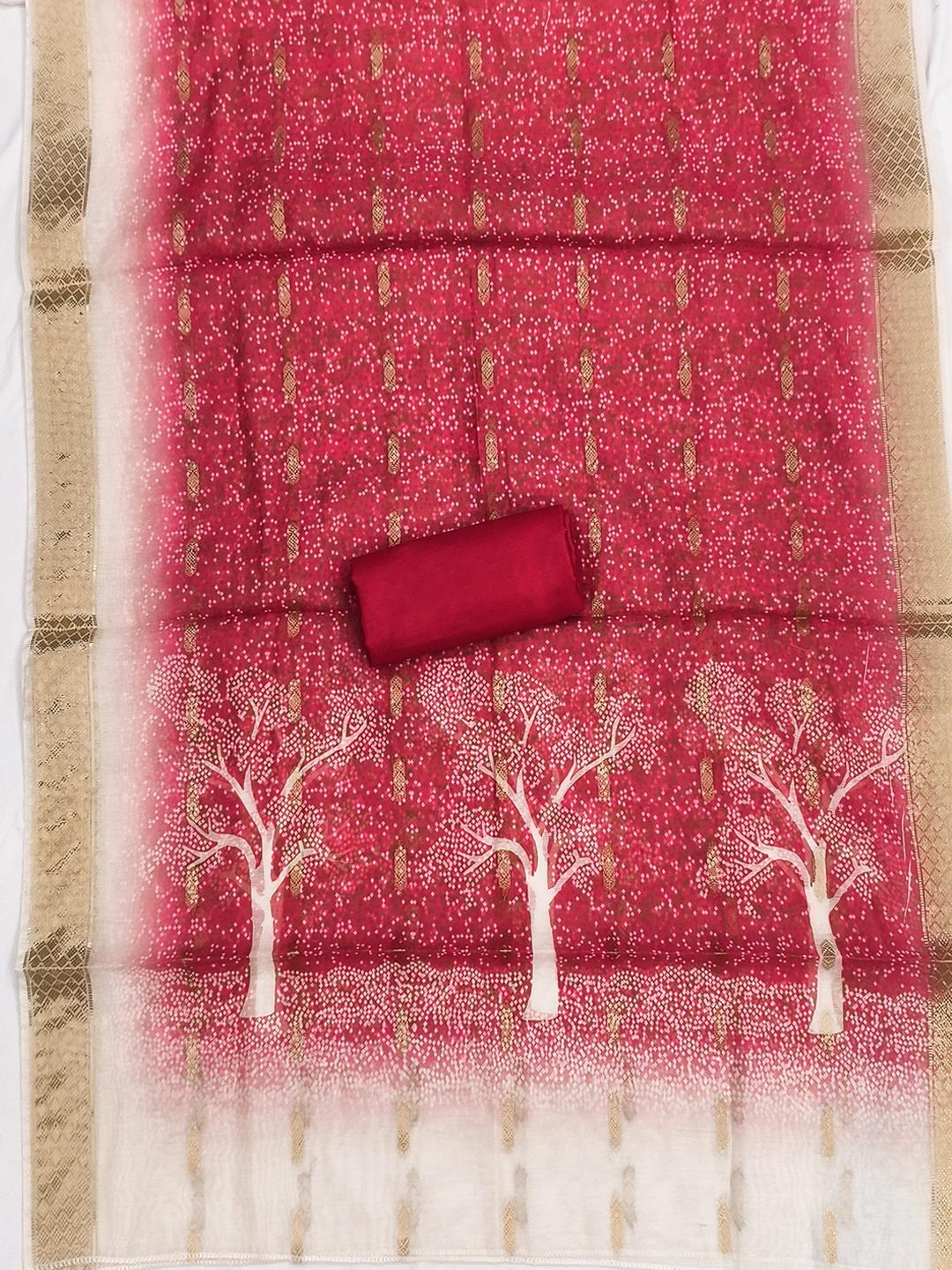 Designer Chikoo & Red Floral Woven Jacquard Dress Material With Elegant Daman Handwork - Image 3