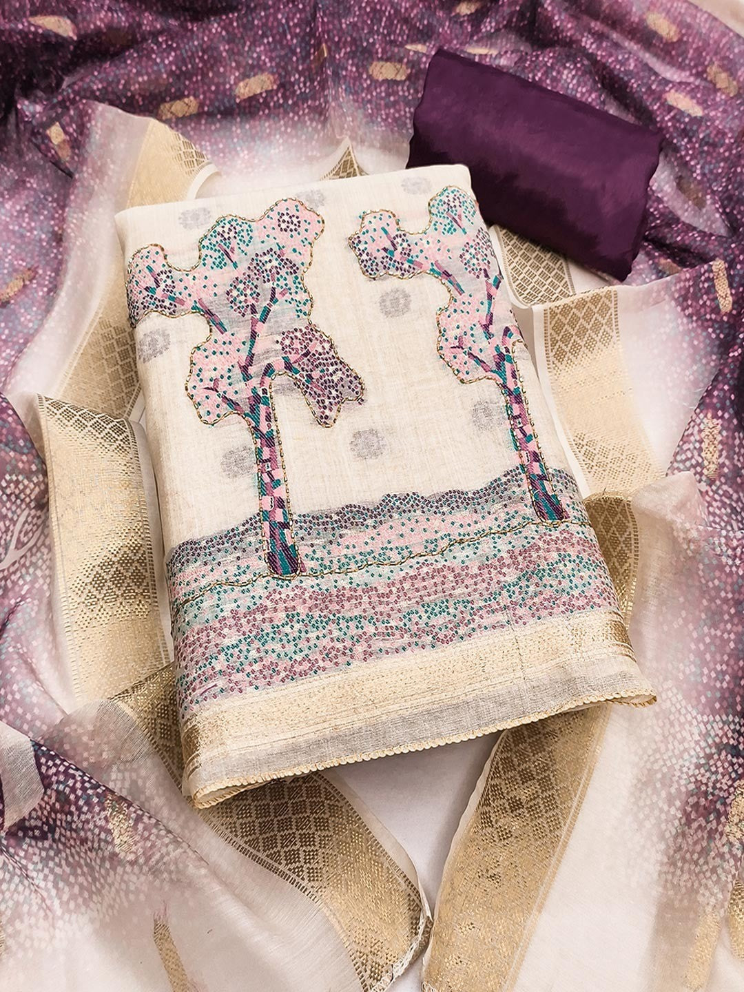 Designer Chikoo & Wine Floral Woven Jacquard Dress Material With Elegant Daman Handwork - Image 1