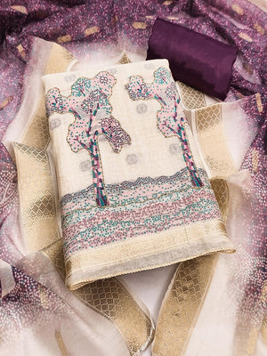 Designer Chikoo & Wine Floral Woven Jacquard Dress Material With Elegant Daman Handwork - Image 1