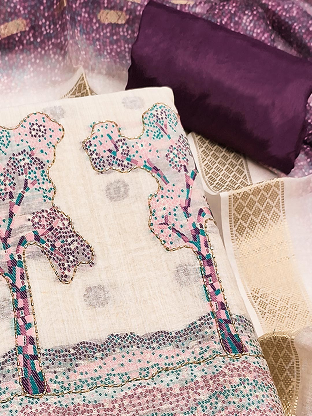 Designer Chikoo & Wine Floral Woven Jacquard Dress Material With Elegant Daman Handwork - Image 5