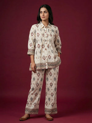 White Ikkat Printed Viscose A-Line Top Bottom Set with Ethnic Contemporary Appeal - Image 1
