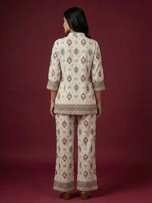 White Ikkat Printed Viscose A-Line Top Bottom Set with Ethnic Contemporary Appeal - Image 2