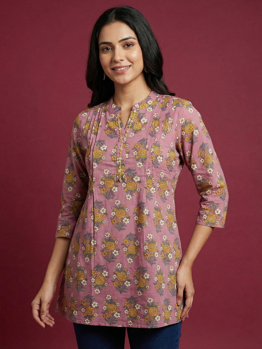 Pink Floral Printed Pure Cotton A-Line Top with Breathable Comfortable Fabric - Image 1