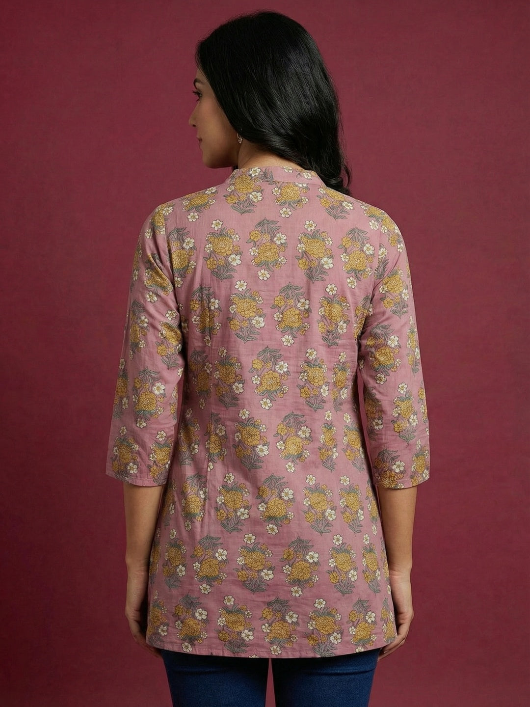 Pink Floral Printed Pure Cotton A-Line Top with Breathable Comfortable Fabric - Image 3