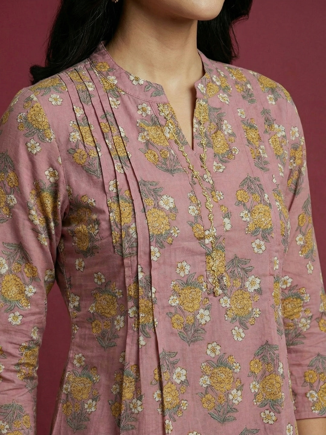 Pink Floral Printed Pure Cotton A-Line Top with Breathable Comfortable Fabric - Image 4
