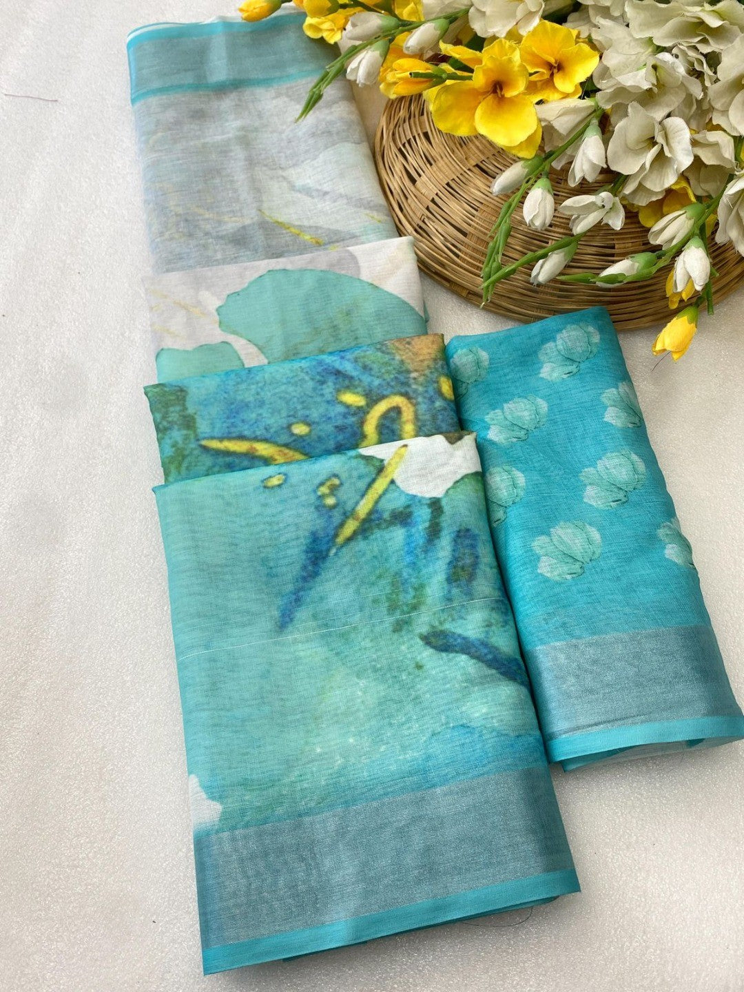 Refreshing Turquoise Floral Digital Printed Linen Saree Accented With A Subtle Silver Border - Image 2