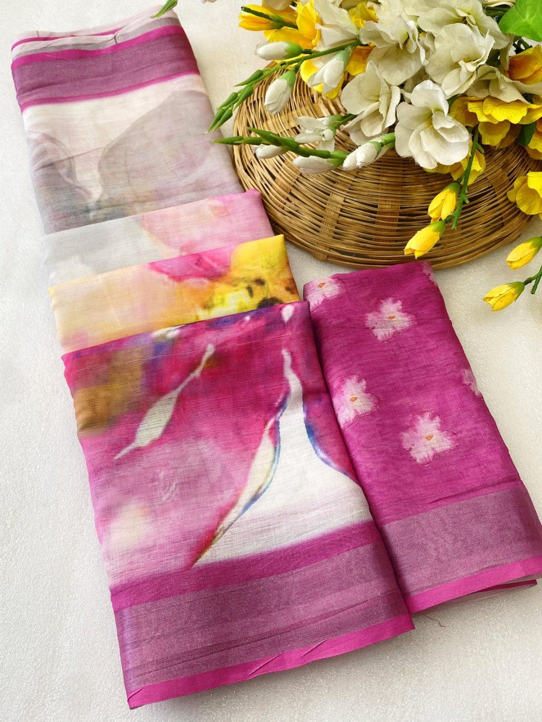 Refreshing Pink Floral Digital Printed Linen Saree Accented With A Subtle Silver Border - Image 3