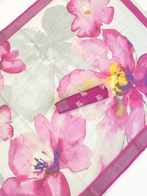 Refreshing Pink Floral Digital Printed Linen Saree Accented With A Subtle Silver Border - Image 2