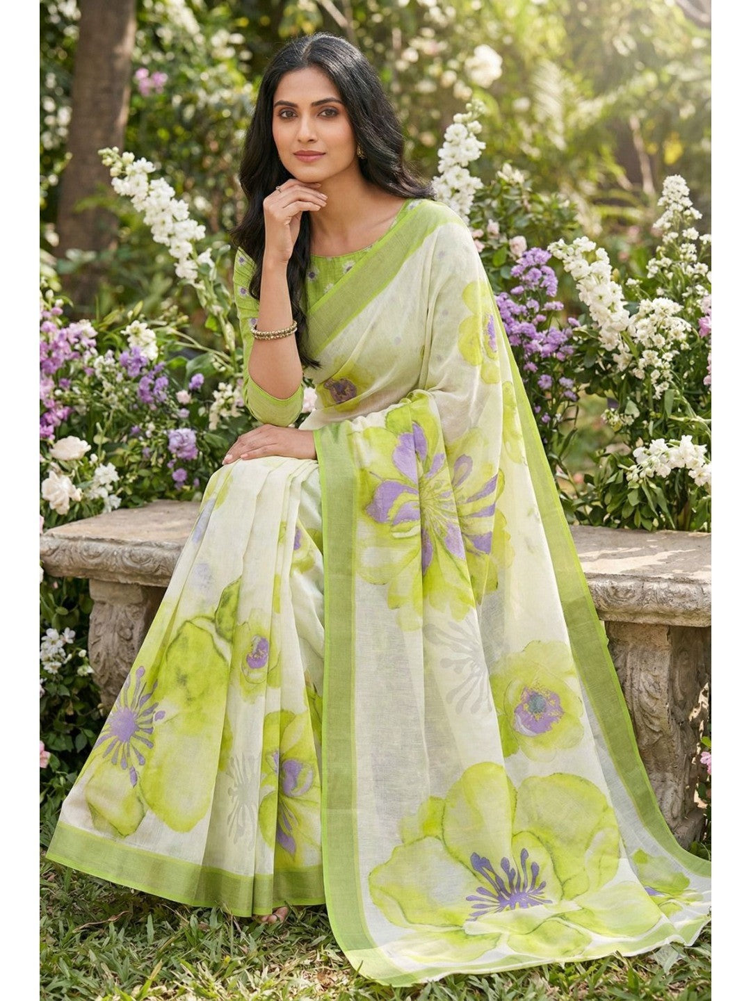 Refreshing Green Floral Digital Printed Linen Saree Accented With A Subtle Silver Border - Image 4