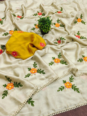 Offwhite Viscose Saree with Floral Embroidery and Mustard Blouse - Image 2