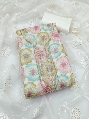 White Embroidered Organza Fabric Set Featuring Intricate Beads Work Detailing - Image 1