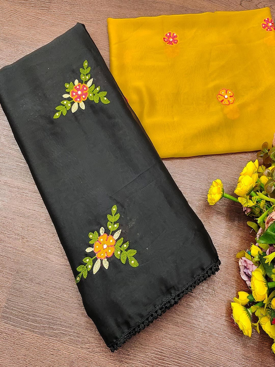 Black Viscose Saree with Floral Embroidery and Mustard Blouse - Image 4