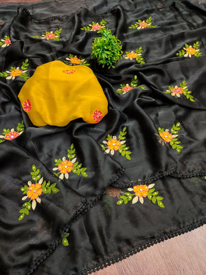 Black Viscose Saree with Floral Embroidery and Mustard Blouse - Image 2